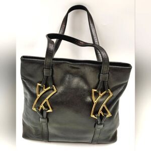 Paloma Picasso Vintage Black Leather Tote Bag Purse   w/Gold Accents